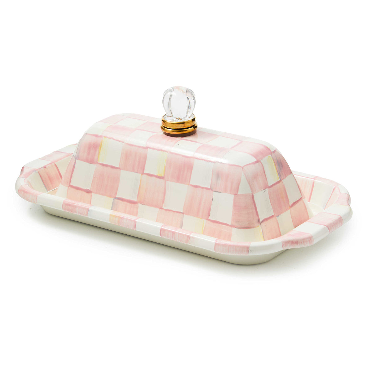 Hand-glazed steel butter box with Rosy Check enamel decoration, glass accents, and brass handle.