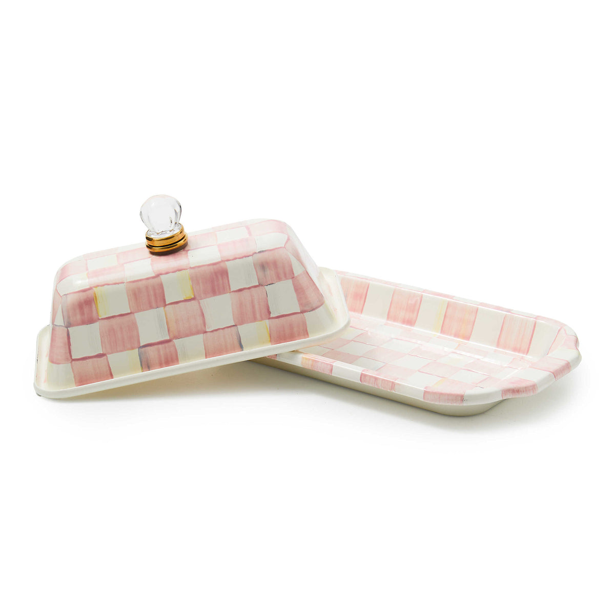 Hand-glazed steel butter box with Rosy Check enamel decoration, brass accents, and glass lid.