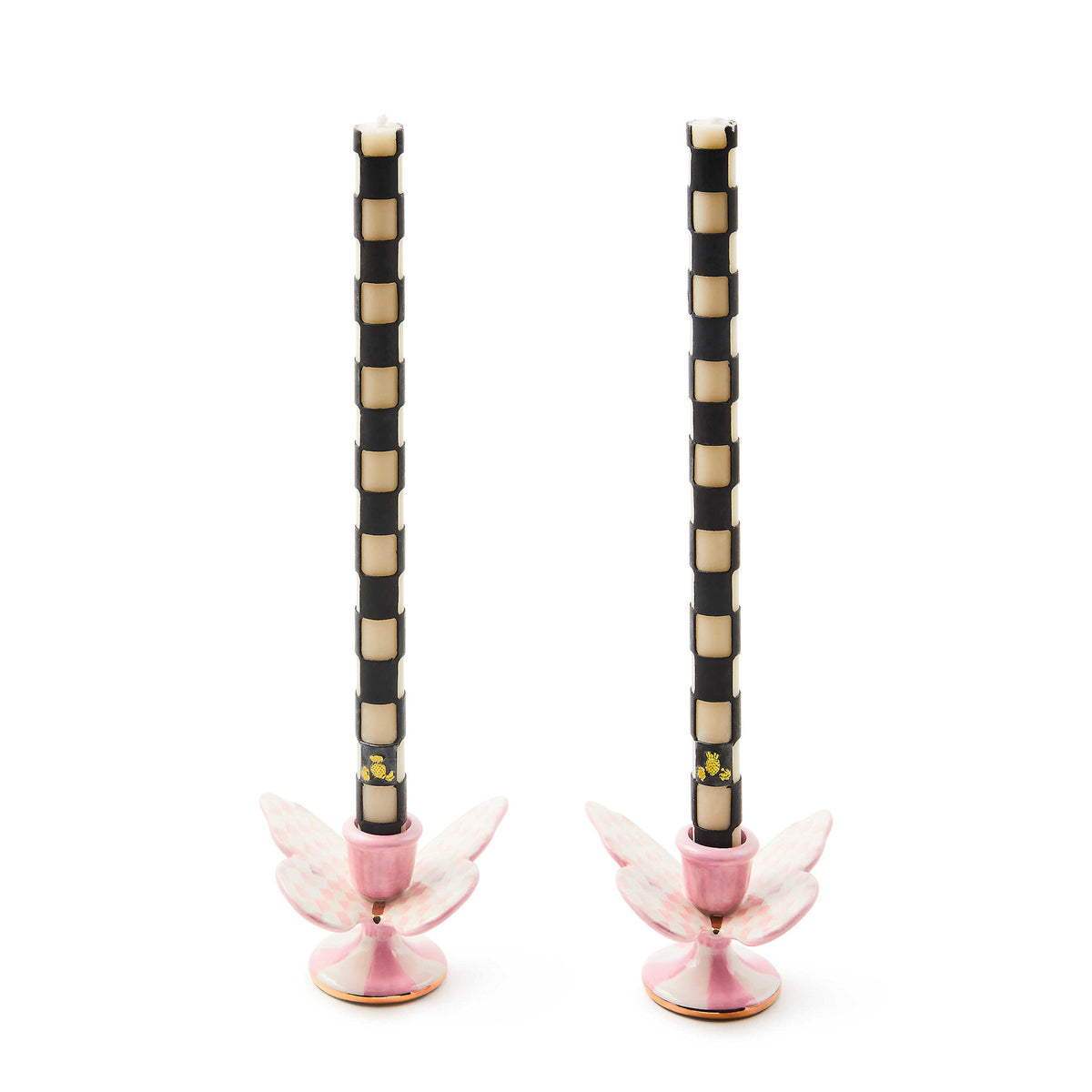 Two ceramic candle holders with a rosy check butterfly wing pattern trimmed in gold lustre.