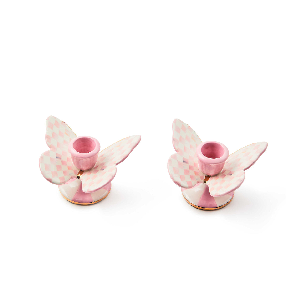 Two ceramic candle holders with a rosy check butterfly wing pattern trimmed in gold lustre.