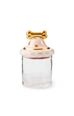 Hand-painted Rosy Check ceramic lid with gold lustre accents on a glass cookie jar.