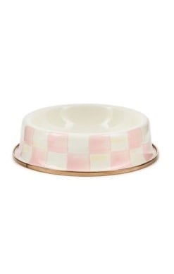 Hand-glazed steel cat dish with rosy check pattern and bronzed stainless rim