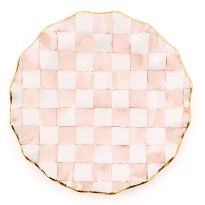 Rosy check ceramic dinner plate with gold lustre trim