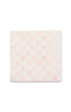 Rosy check cocktail paper napkins in triple-ply with a pink geometric pattern.