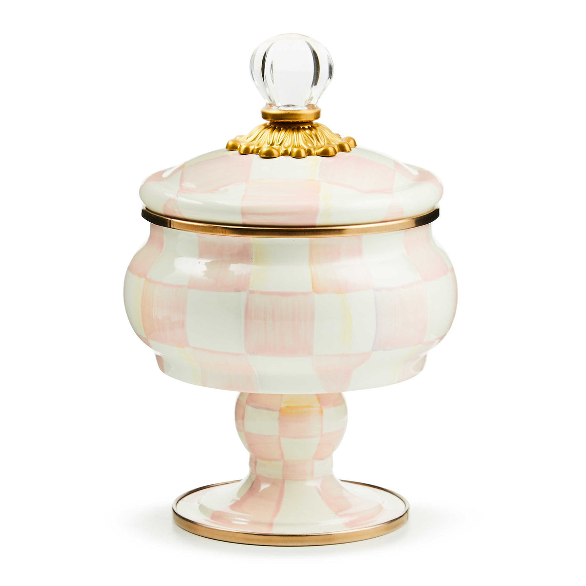 Hand-glazed steel curiosity pot with rosy check pattern, bronzed stainless rim, glass knob, and brass accents.
