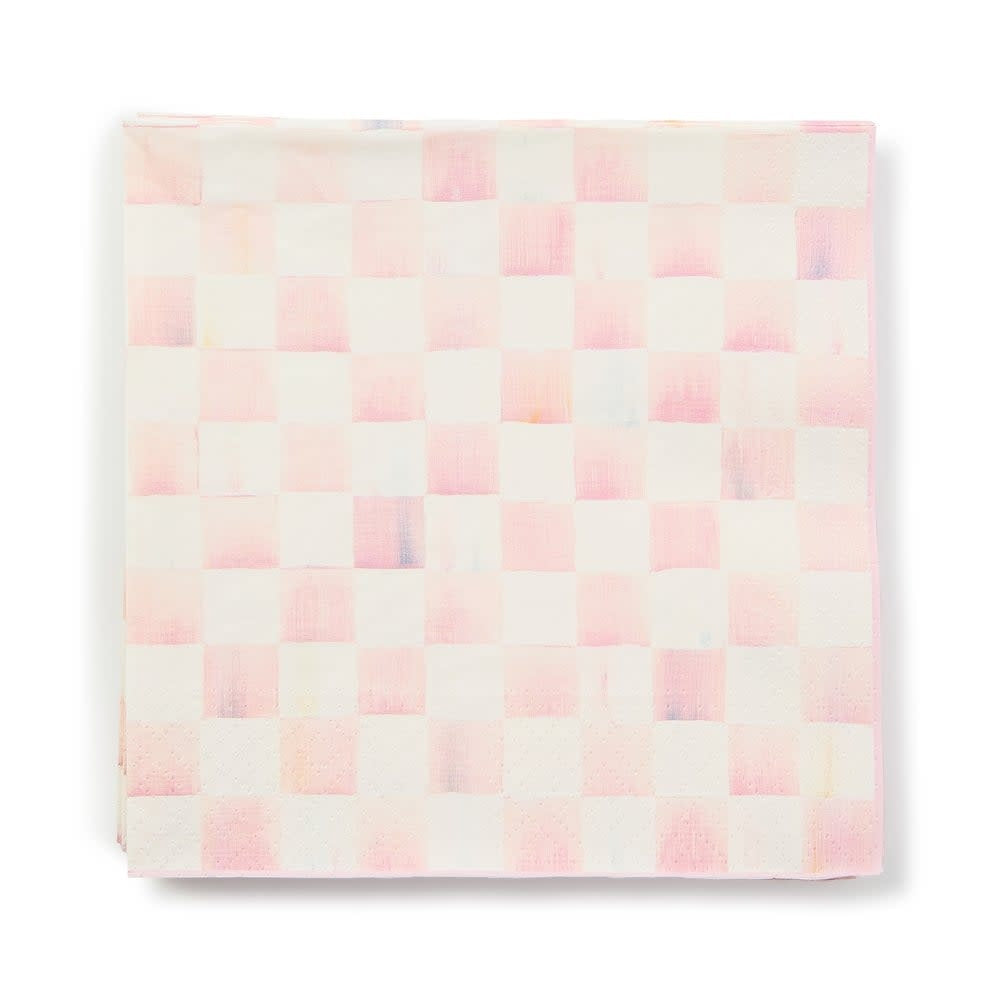 Pack of Rosy Check triple-ply paper dinner napkins in pink with a checkered pattern.
