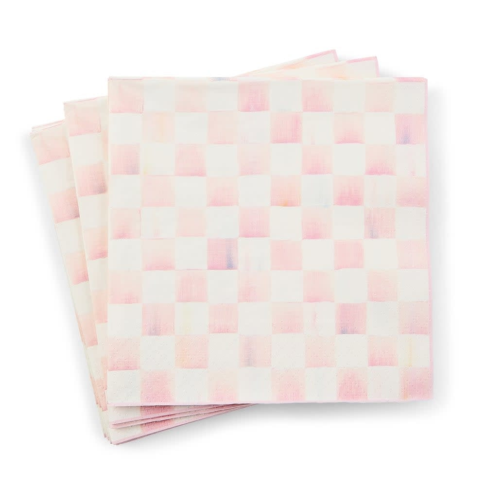 Pack of Rosy Check triple-ply paper dinner napkins in pink with checkered pattern.