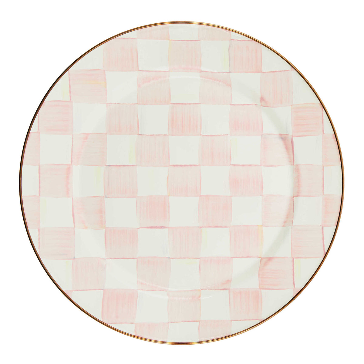 Round rosy pink enamel charger plate with hand-painted check pattern and bronzed stainless steel rim.