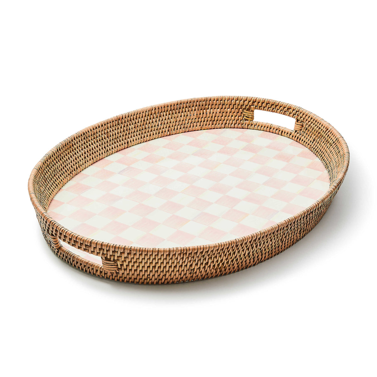 Rectangular party tray with hand-painted rosy check enamel base and woven rattan rim.