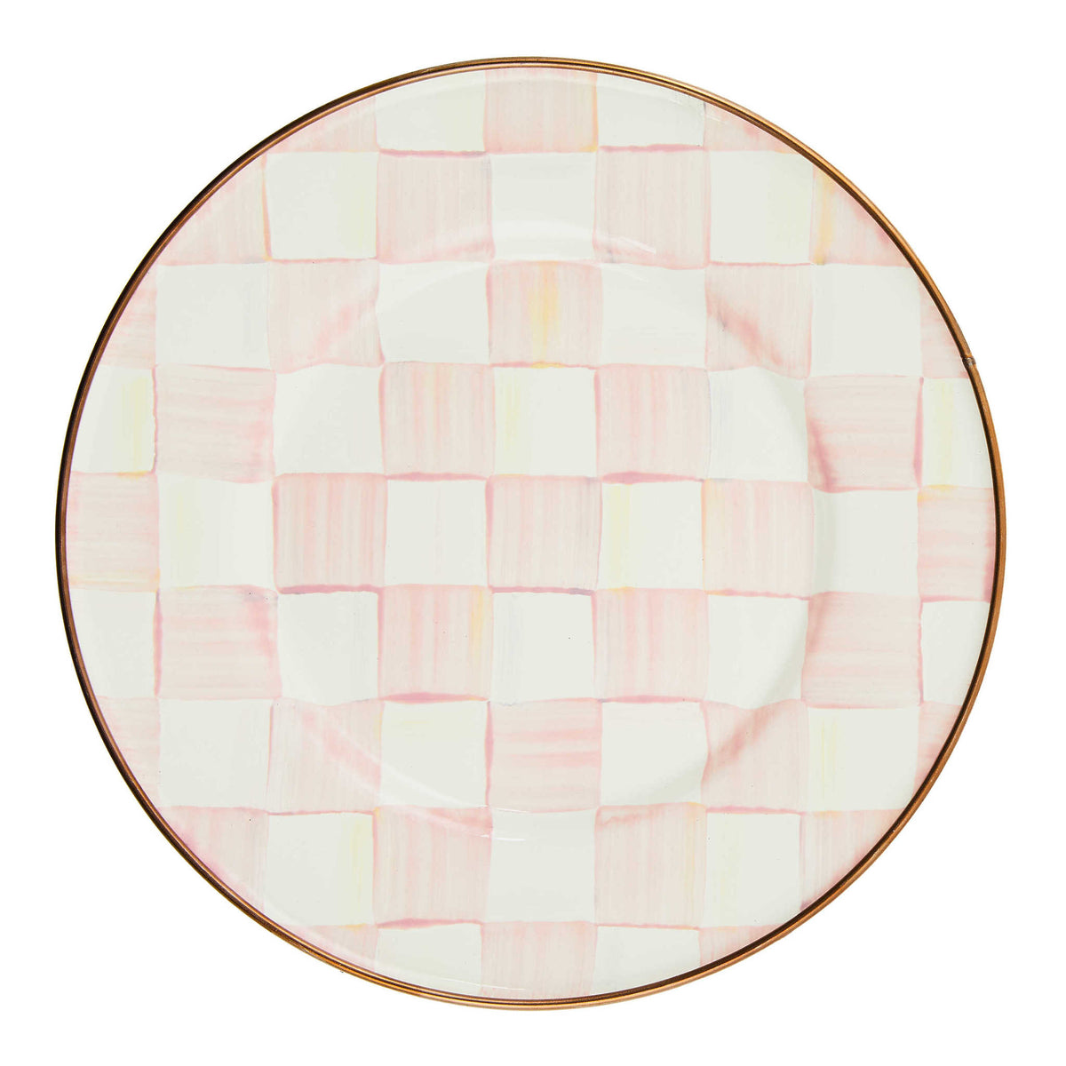 Rosy check enamel salad plate with bronzed stainless steel rim