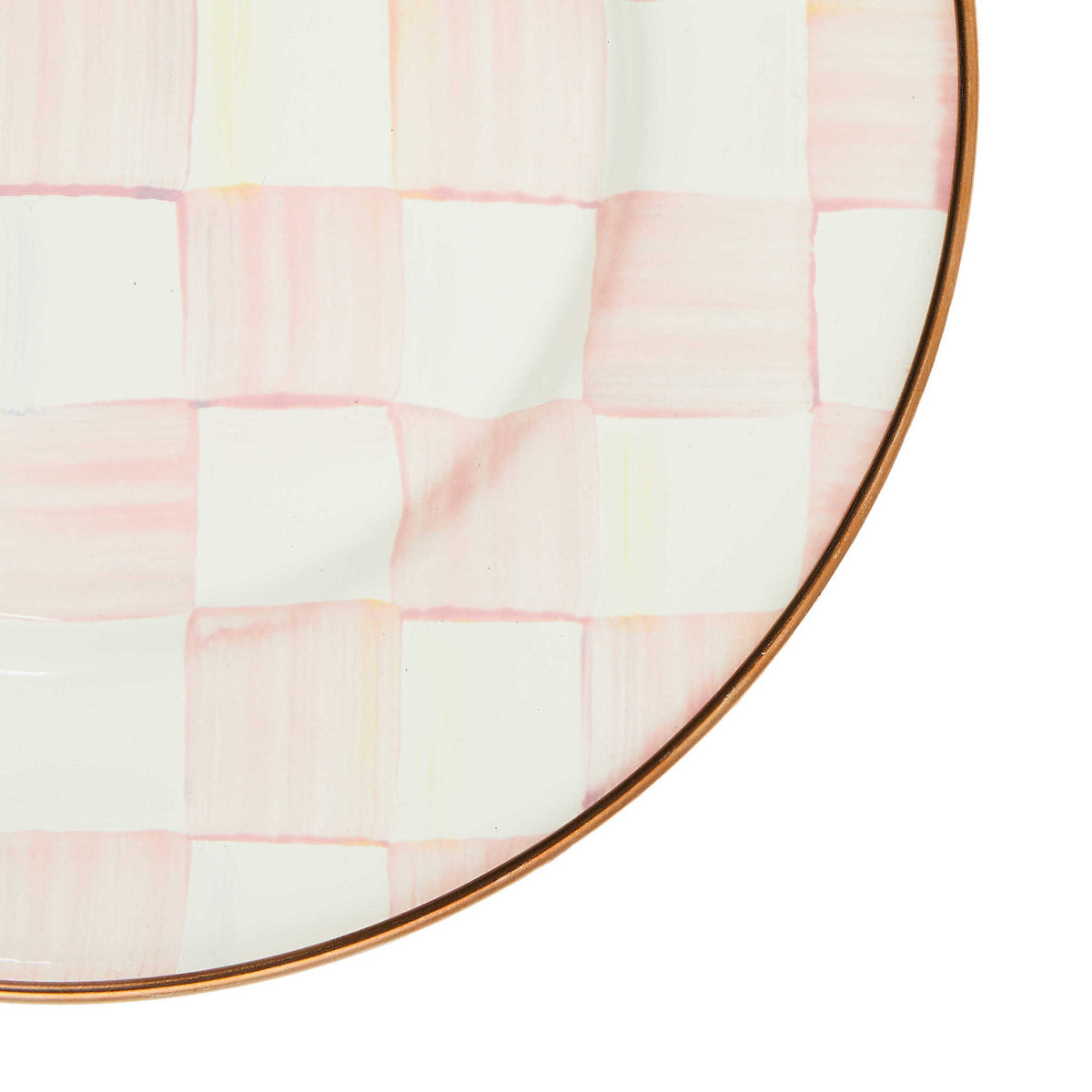 Rosy check enamel salad plate with hand-painted pink patterns and bronzed stainless steel rim