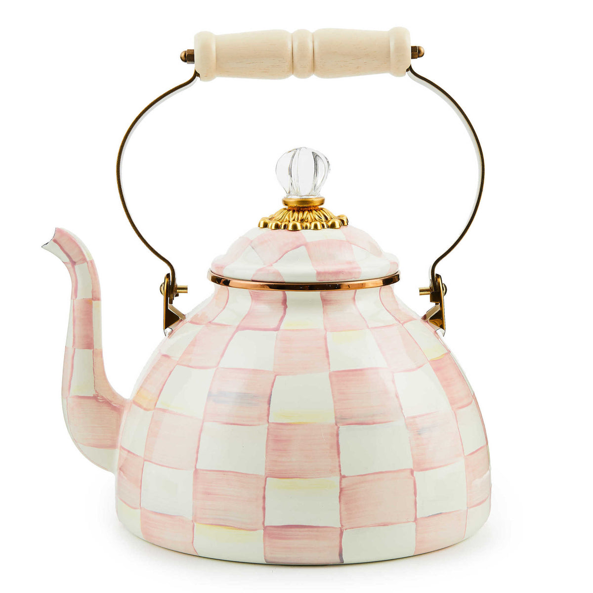 Rosy check enamel tea kettle with wood handle and brass accents
