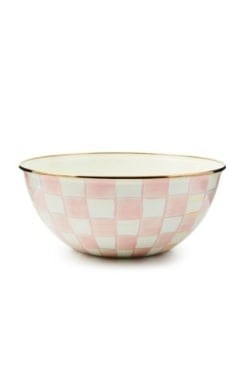 Hand-glazed steel everyday bowl with hand-painted rosy check pattern on a bronzed stainless rim.