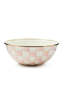 Hand-painted Rosy Check everyday bowl with bronzed stainless steel rim on heavy-gauge steel