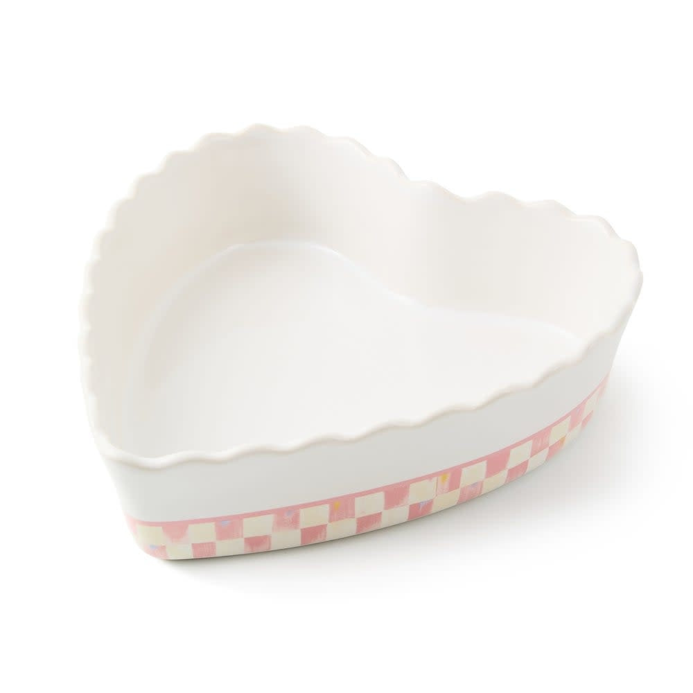 Rosy check stoneware heart-shaped casserole dish with rosy pattern
