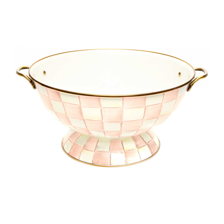 Rosy check enamel everything bowl with antiqued brass handles