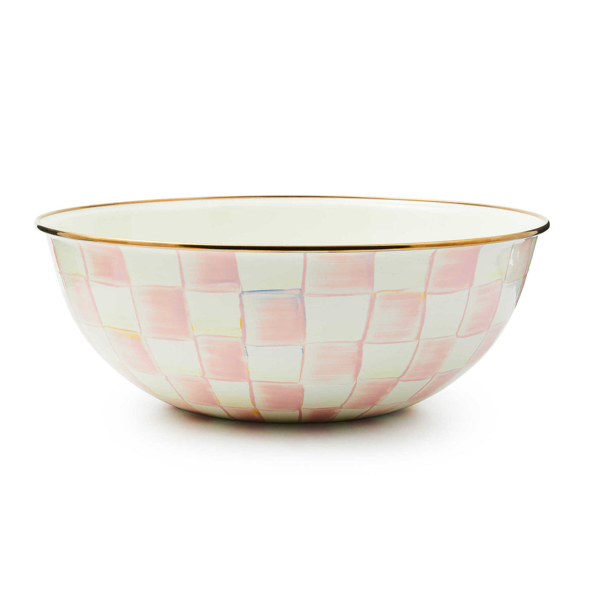 Extra large rosy check enamel bowl with bronzed steel rim on heavy-gauge hand-glazed body