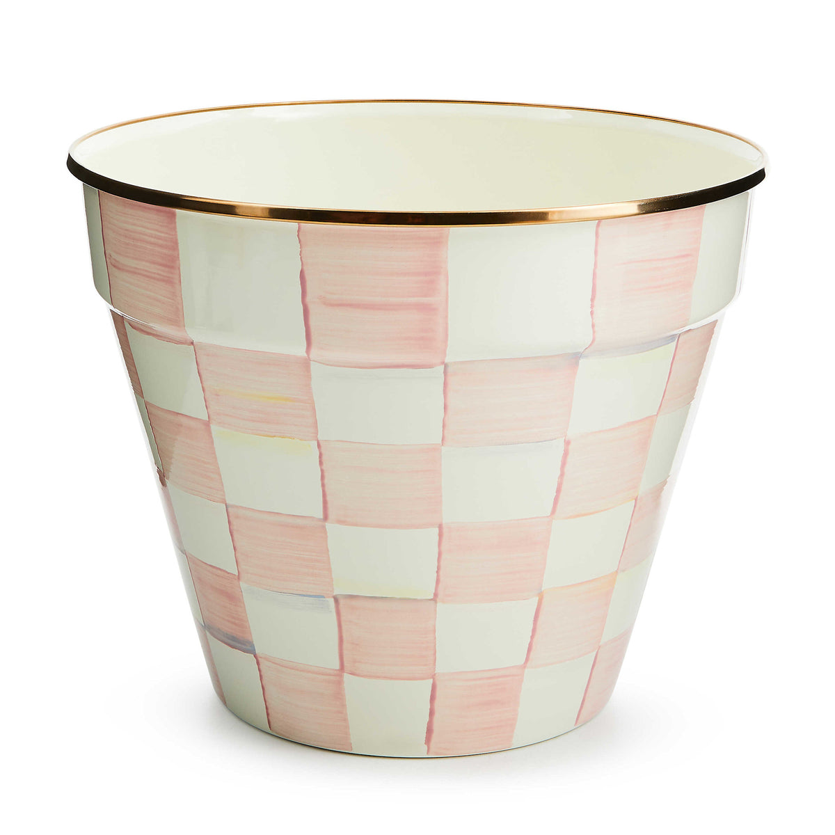 Extra large hand-glazed steel garden pot with rosy check pattern and bronzed stainless rim