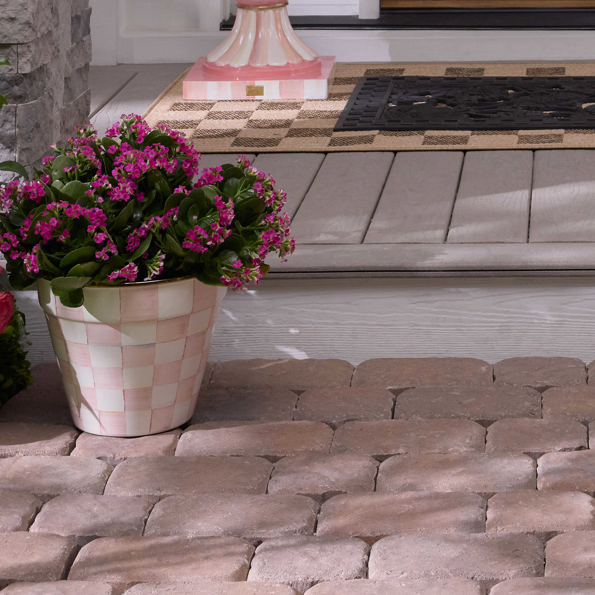 Extra large garden pot with hand-painted rosy check floral pattern on heavy-gauge steel and bronzed stainless rim.