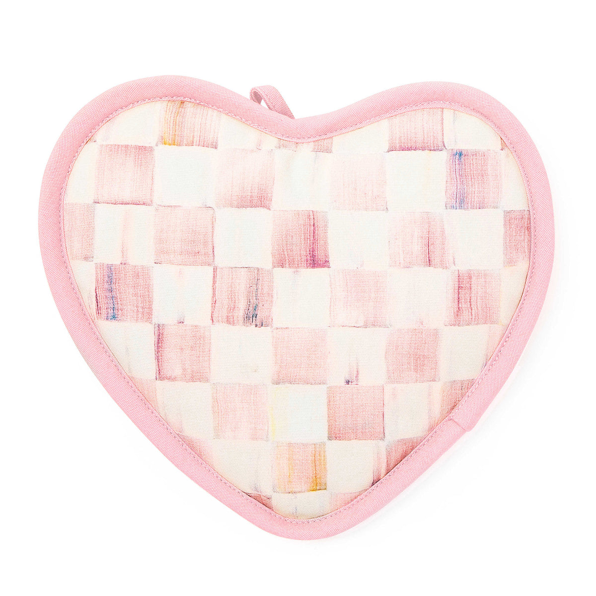 Handmade cotton potholder with a heart shape featuring rosy pink checkered pattern.