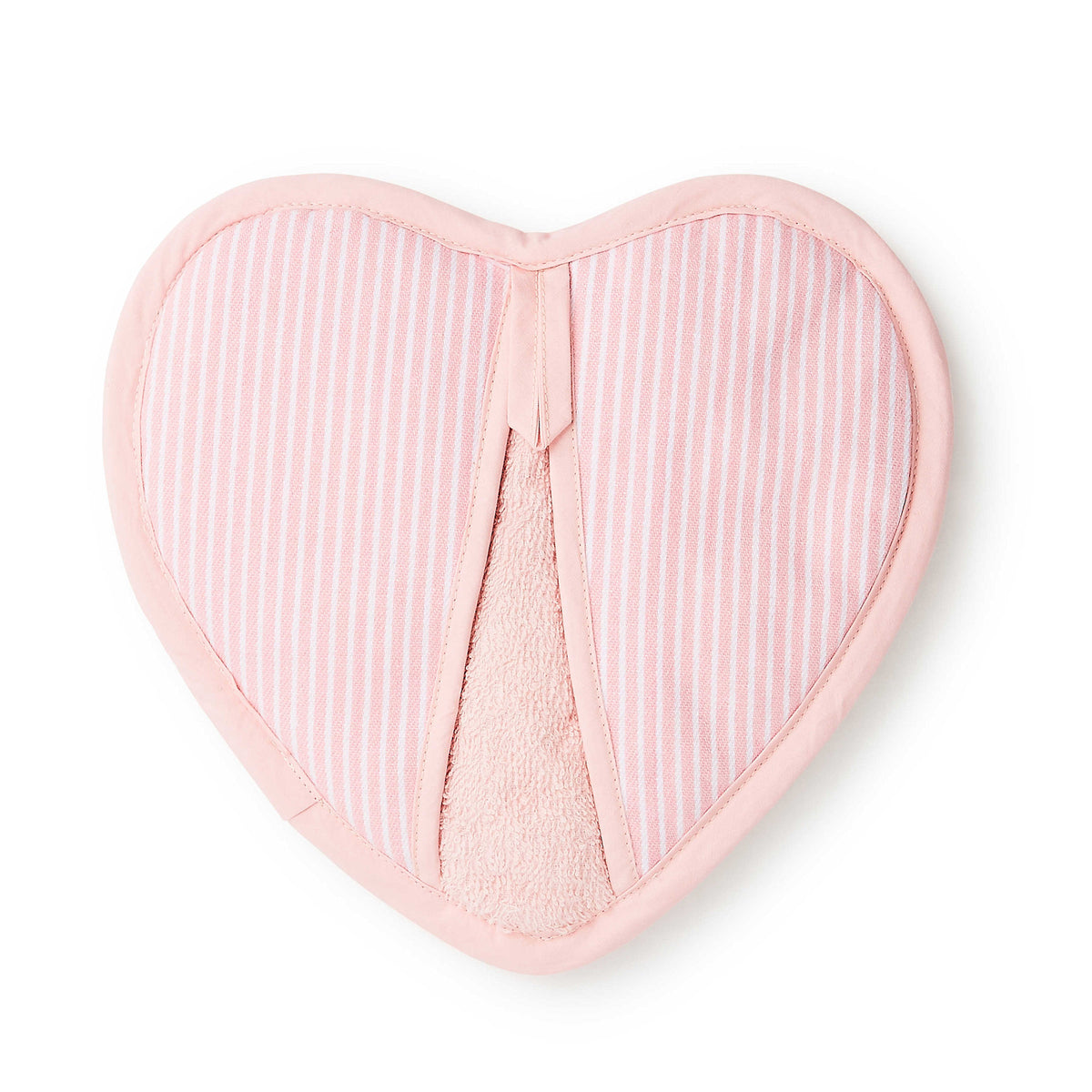 Handmade cotton potholder with a heart shape featuring rosy pink checkered pattern.