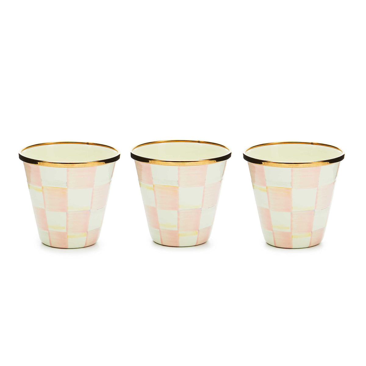 Hand-glazed steel herb pot with rosy check floral pattern on a bronzed stainless rim.