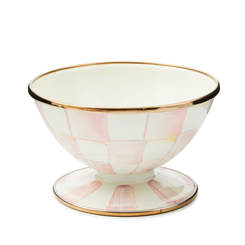 Hand-painted rosy check ice cream dish with bronzed stainless steel rim on a pedestal base.
