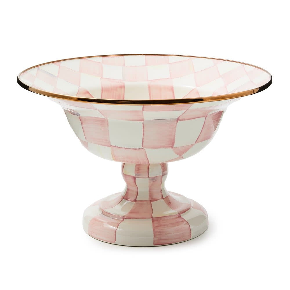Large Rosy Check compote with hand-painted rosy hues on a steel body and bronzed stainless-steel rim.