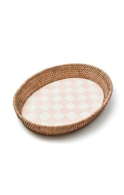 Large rectangular serving tray with hand-painted rosy check floral pattern on steel base and woven rattan rim.