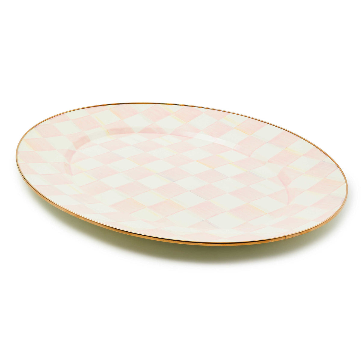 Large oval steel platter with hand-painted rosy check pattern and bronzed stainless-steel rim.