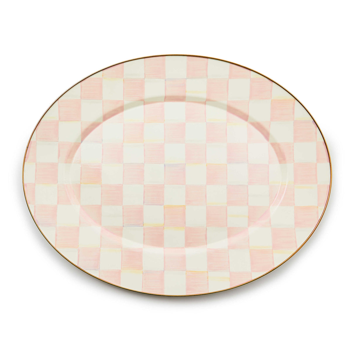Large oval steel platter with hand-painted rosy check pattern over a bronzed stainless-steel rim.