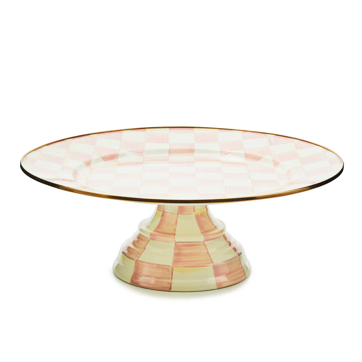 Large pedestal platter with hand-painted rosy check floral pattern on steel base and bronzed stainless rim.