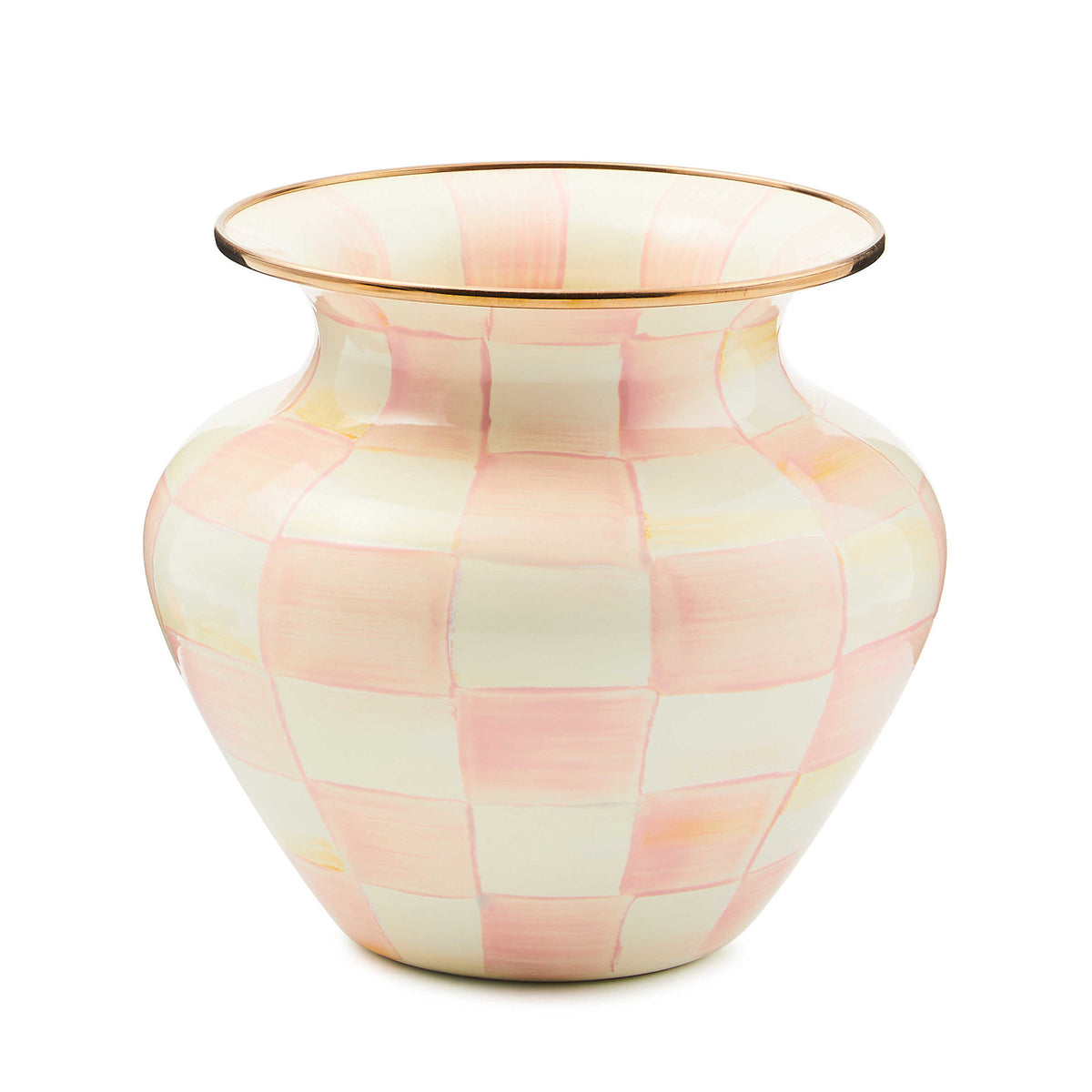 Hand-glazed steel large vase with rosy check floral pattern on a bronzed stainless rim.