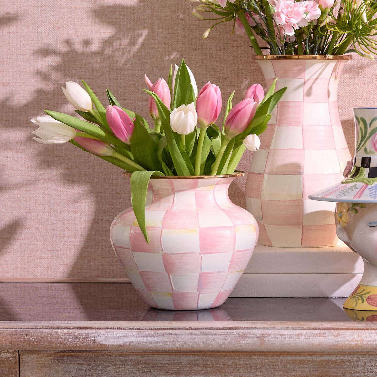 Large Rosy Check steel vase with hand-painted pink floral pattern on bronzed rim