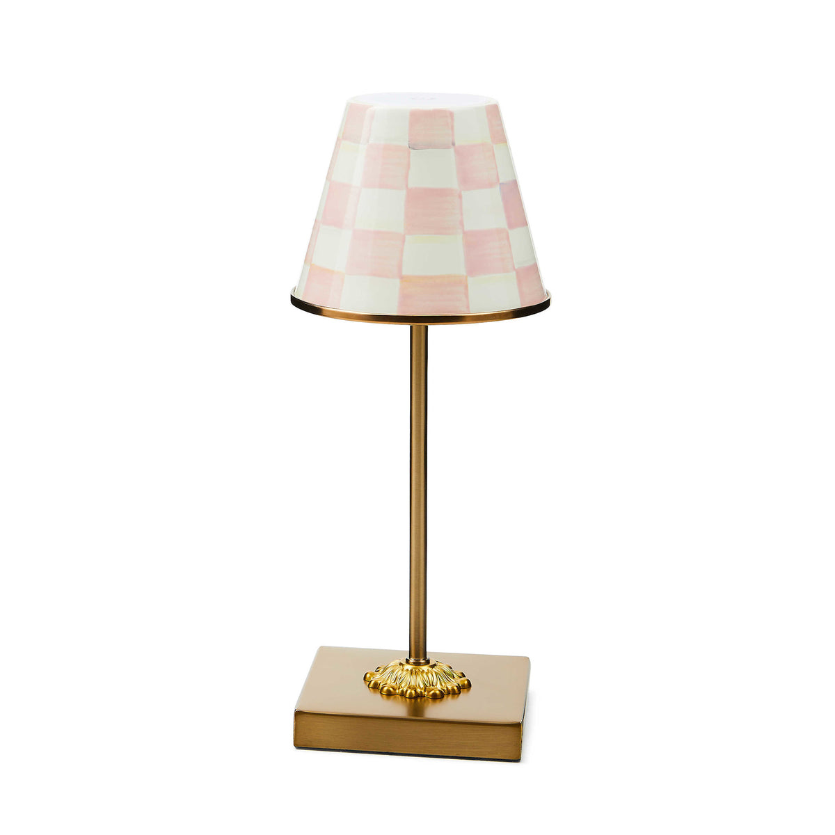 Rosy check LED rechargeable cafe table lamp with mild steel base, hand-painted pattern, and three light levels.