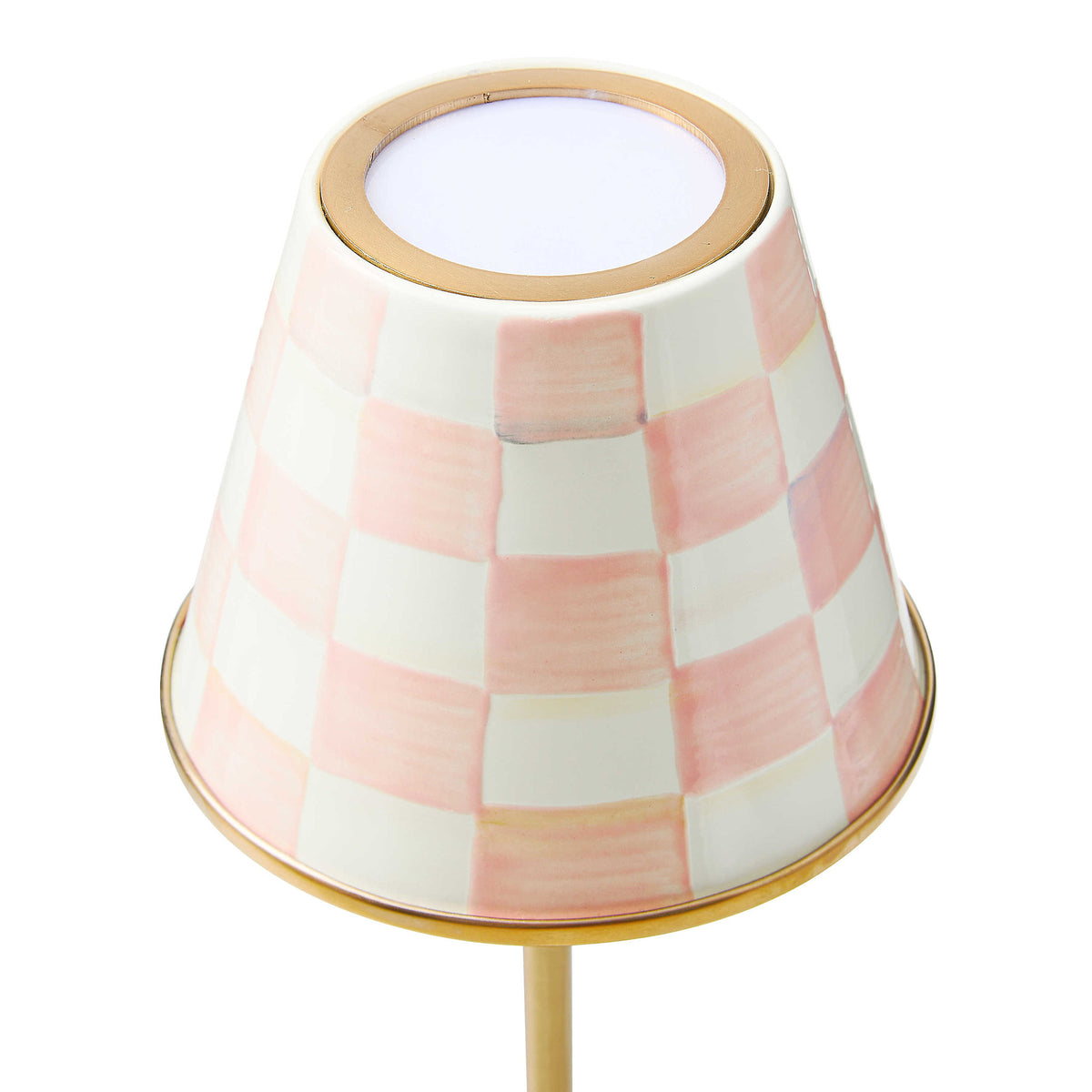 Rosy check LED rechargeable cafe table lamp with mild steel base, glazed enamel finish, and hand-painted pattern.