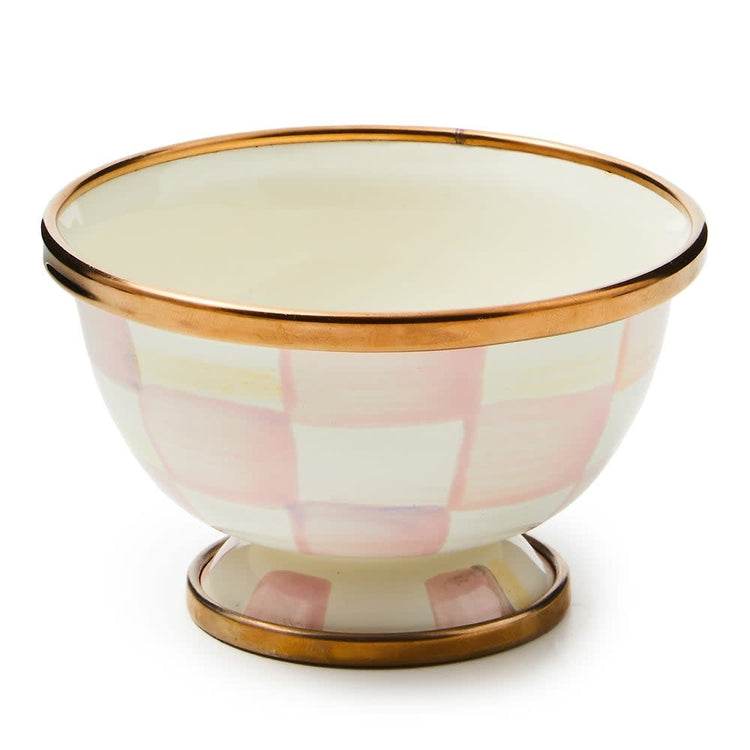 Hand-glazed steel little sugar bowl with rosy check pattern, bronzed stainless rim, and brass accents.