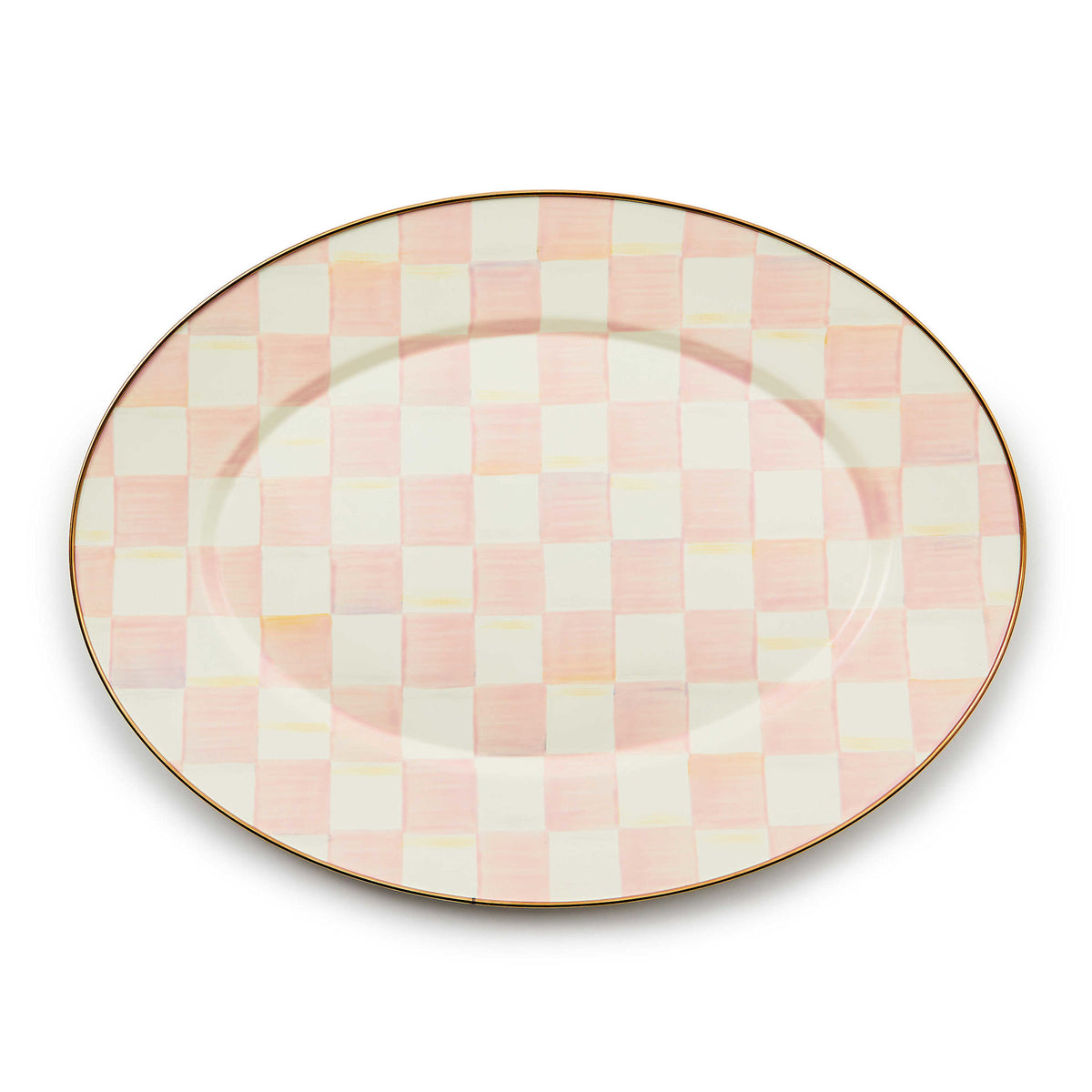 Medium oval platter with hand-painted rosy check patterns on steel body and bronzed stainless-steel rim.