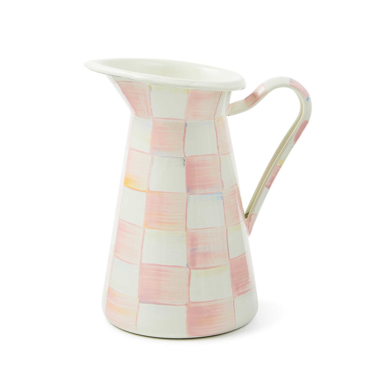 Medium practical pitcher with hand-painted rosy and white checks on heavy-gauge steel.