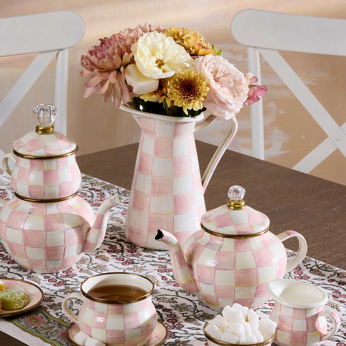 Medium Rosy Check practical pitcher with hand-painted rosy and white checks on heavy-gauge steel.