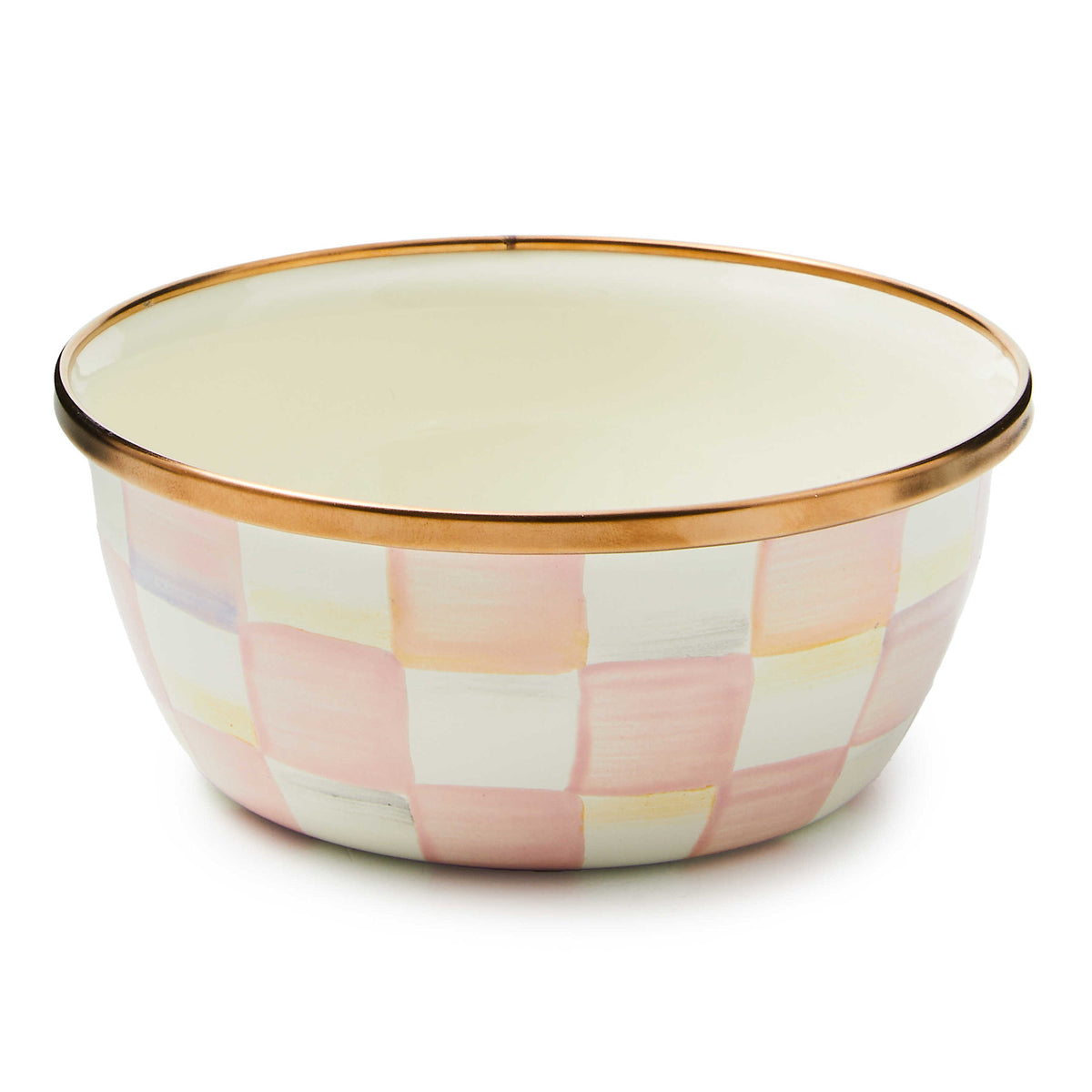 Hand-glazed steel pinch bowl with Rosy Check floral enamel pattern.