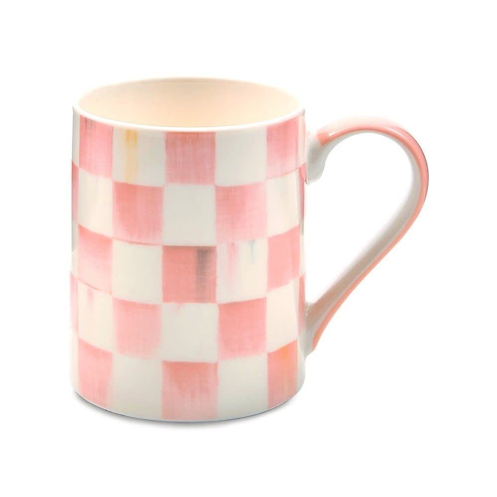 Rosy check porcelain mug with a white ceramic body featuring pink grid patterns.