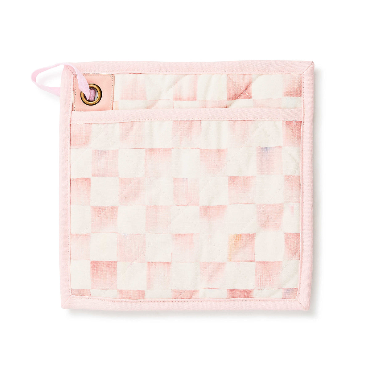 Cotton potholder with pink checkered pattern on a neutral background