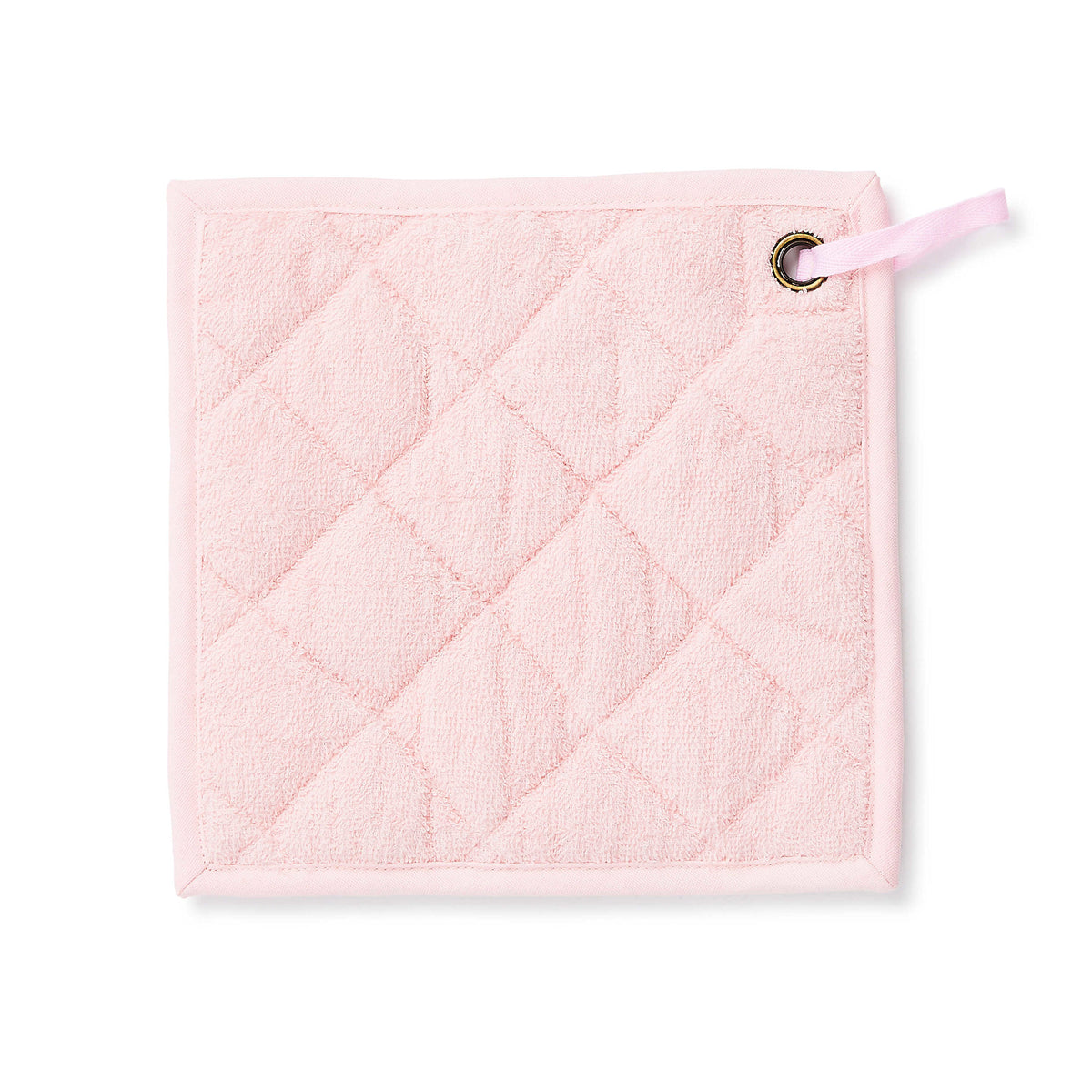 Square cotton potholder with pink checkered pattern in rosy color.