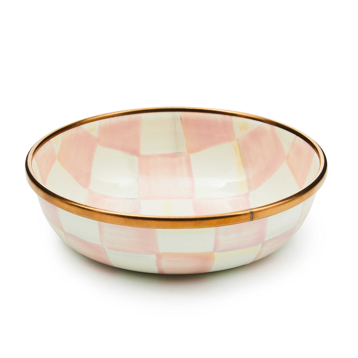 Hand-glazed steel relish dish with hand-painted pink check pattern and bronzed stainless-steel rim.