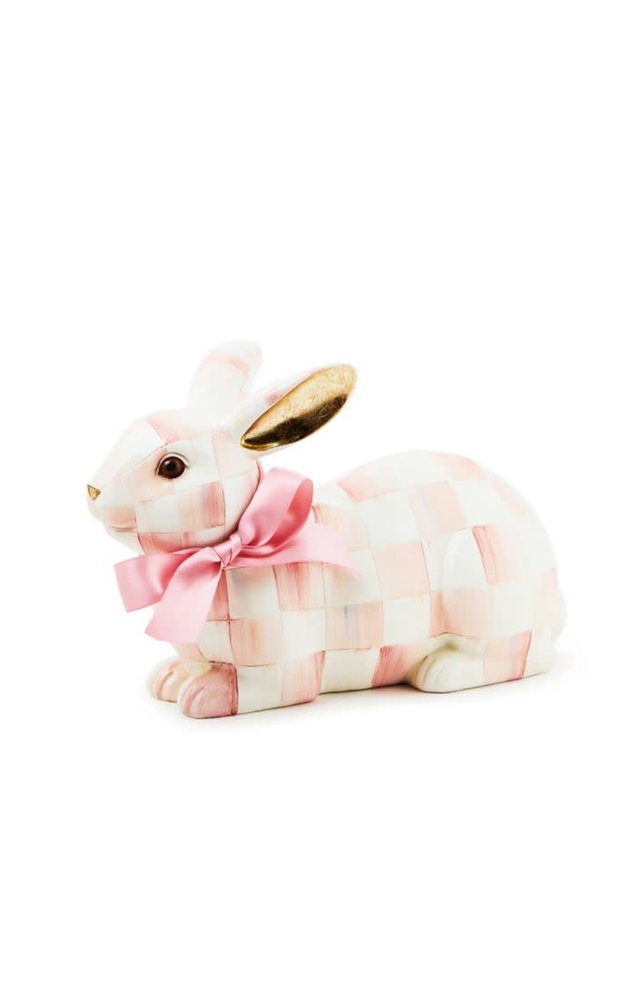 Resin bunny figurine with rosy check ribbon bow in pink and white pattern.