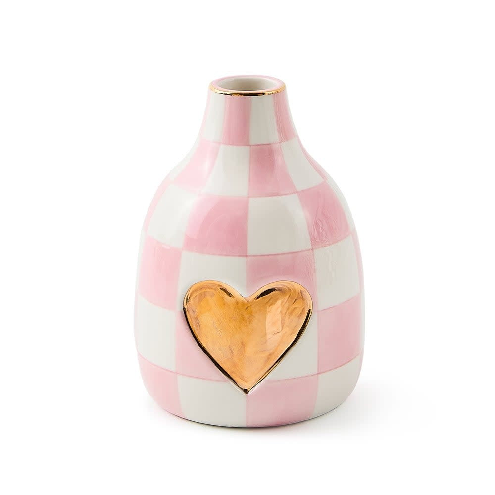 Short ceramic heart-shaped bud vase with rosy check pattern and gold lustre accents.