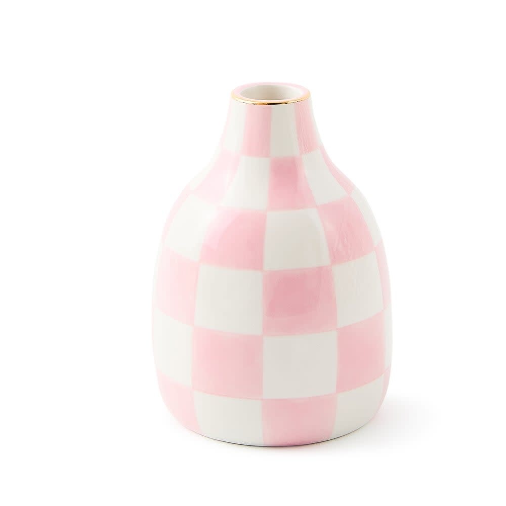 Short ceramic heart-shaped bud vase with rosy check pattern and gold lustre accents.