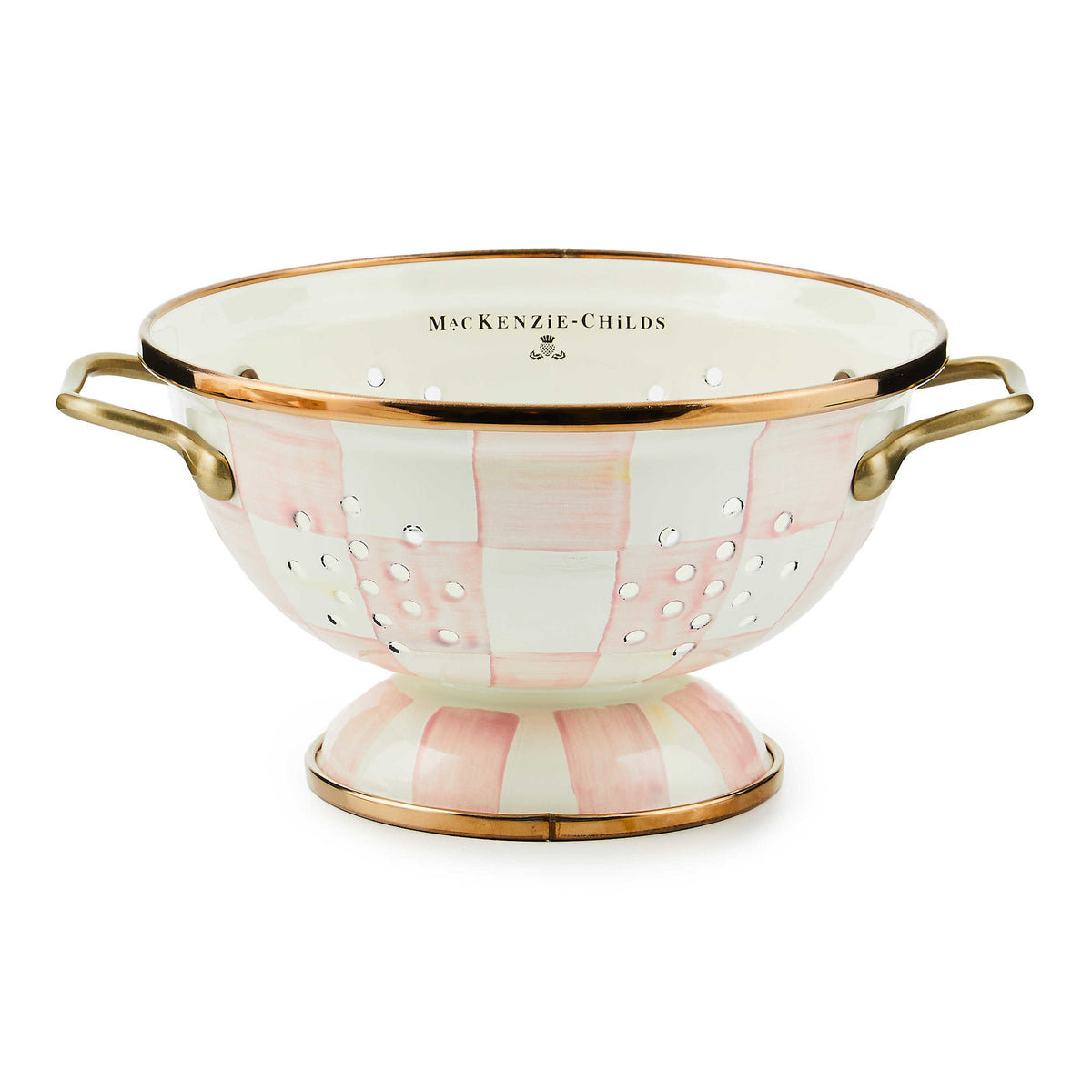 Small Rosy Check enamel colander with antiqued brass handles