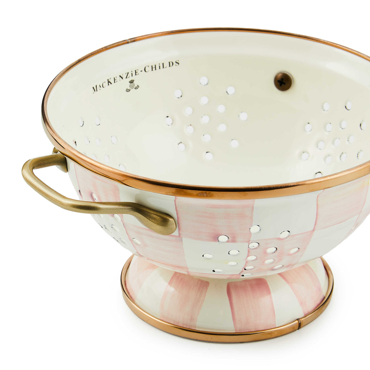 Small Rosy Check enamel colander with antiqued brass handles.